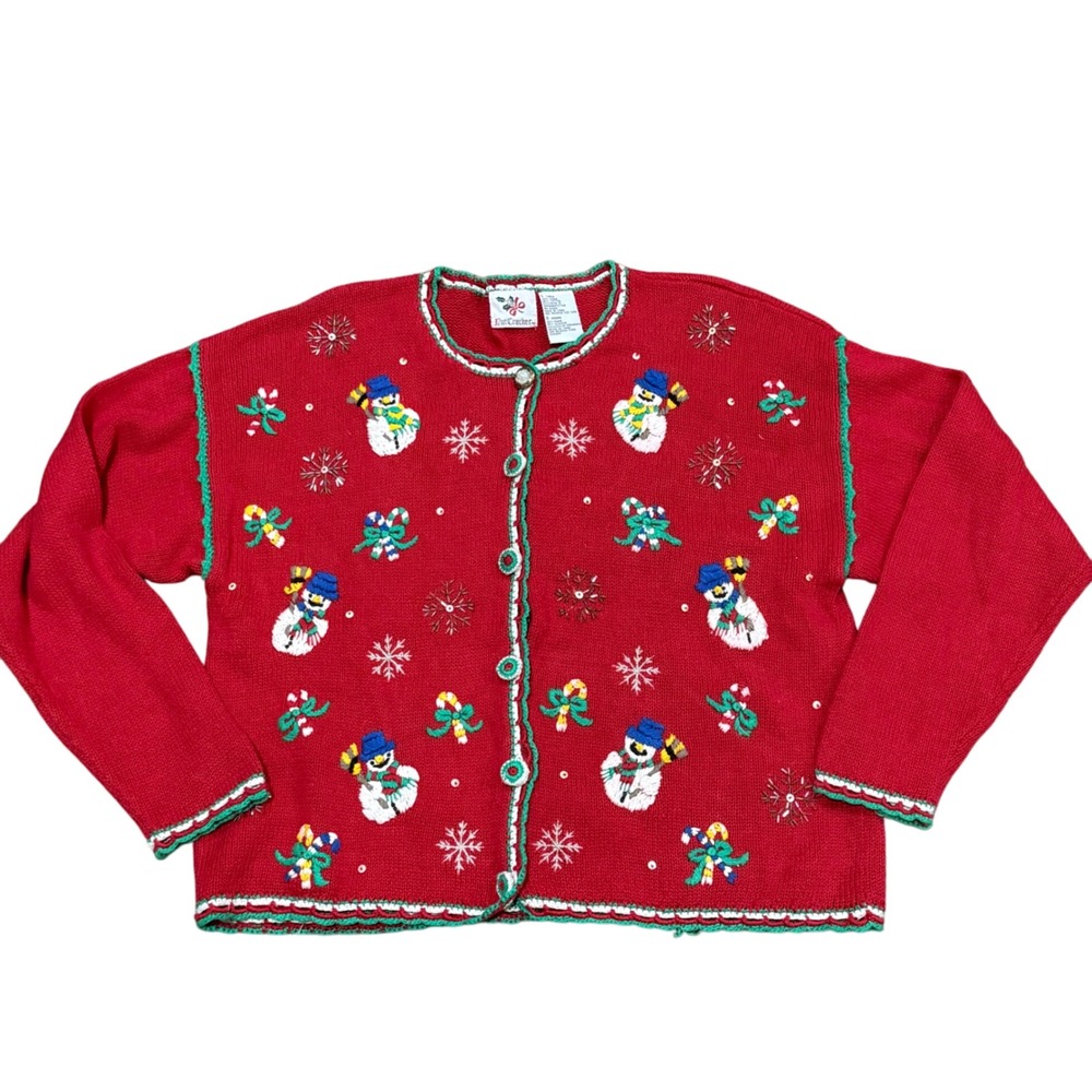 VTG Nutcracker Red Snowman Candy Cane Snowflake‎ Christmas Sweater Cardigan L